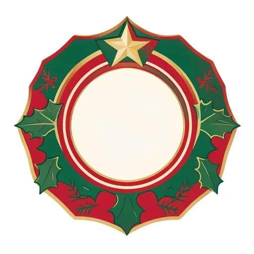 Scalloped green and red badge sticker with a gold star on top and blank center