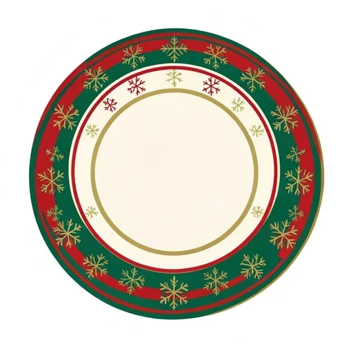 Round badge sticker with a red and green band of small snowflakes and blank cream center