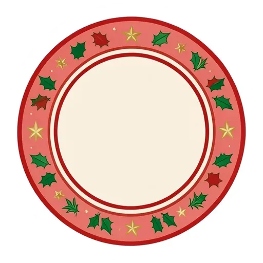 Round coral badge sticker with small gold stars and holly leaves, blank cream center