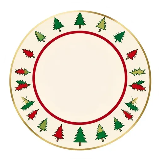 Round cream badge sticker ringed with tiny green Christmas trees and a blank center