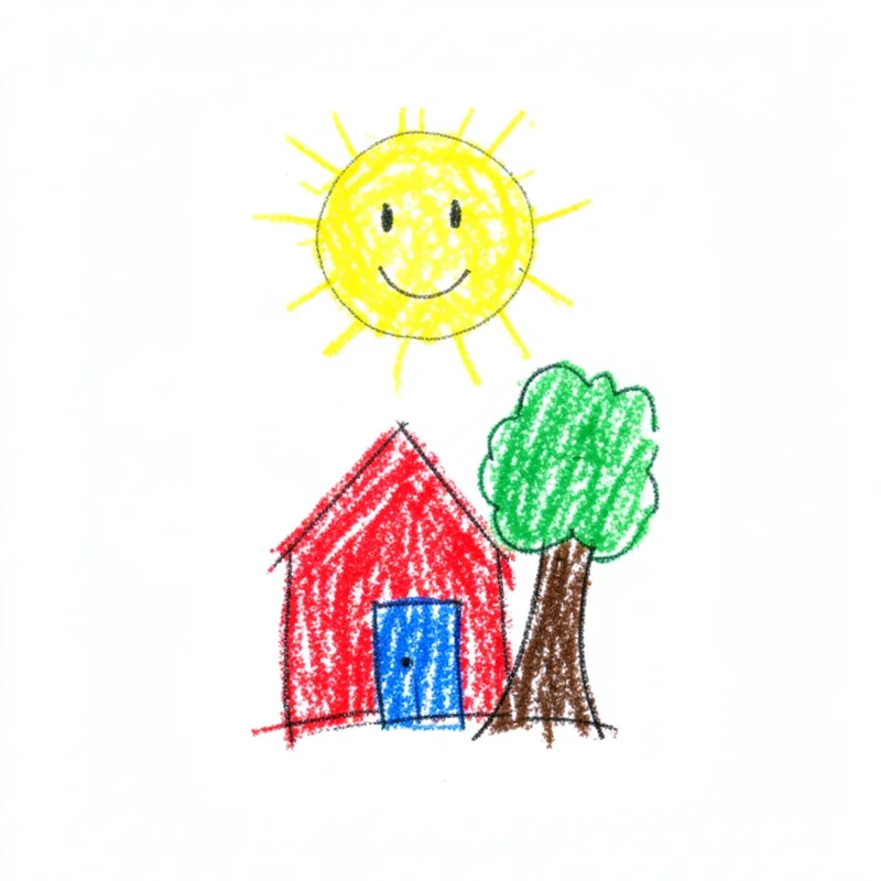 Crayon drawing of a smiling sun, a red house and a green tree on white paper