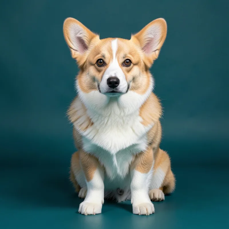 Photo of a tan and white corgi sitting in front of a teal backdrop