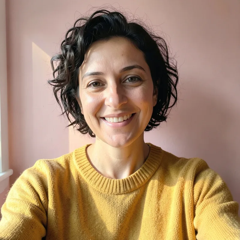 Selfie of a smiling woman with curly dark hair in a mustard sweater