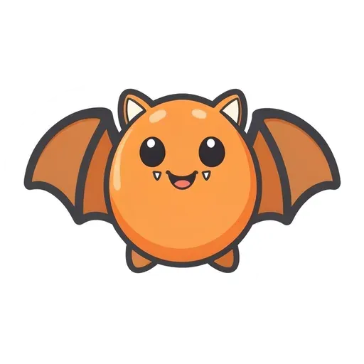 Round orange cartoon bat with brown spread wings, big eyes and tiny fangs