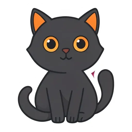 Sitting black cartoon cat with big amber eyes and its tail curled around