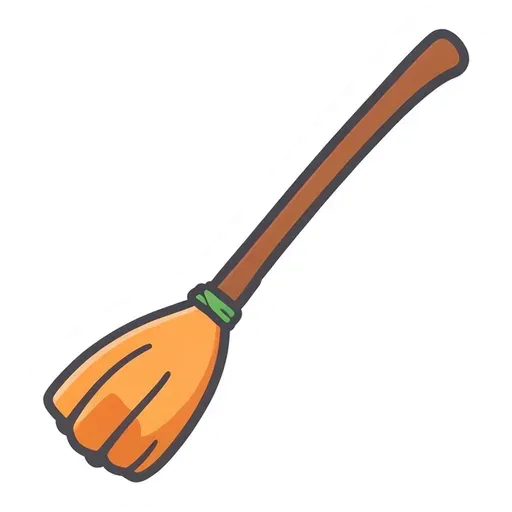 Witch broom with a long wooden handle and an orange straw end tied green