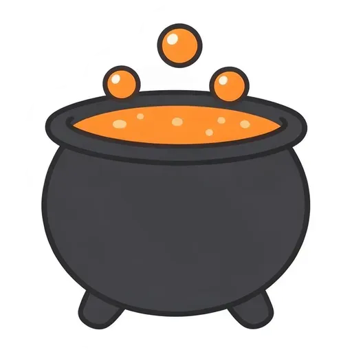 Black cartoon cauldron on short legs, full of orange potion with three bubbles