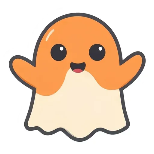 Cute orange and cream ghost with big black eyes, smiling, both arms raised