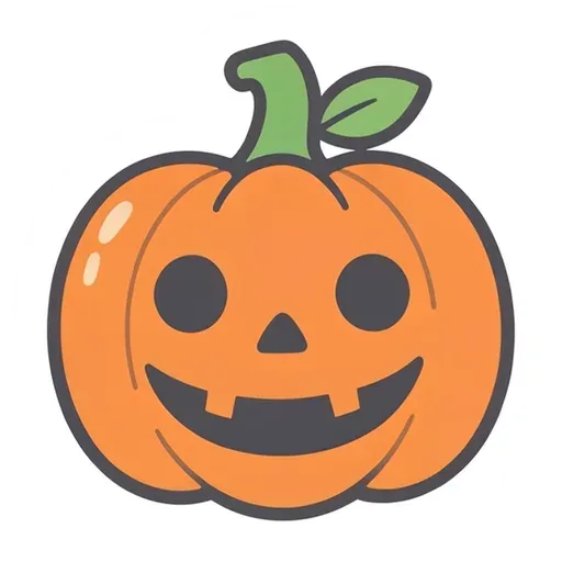 Smiling orange jack-o'-lantern with triangle eyes, a green stem and one leaf
