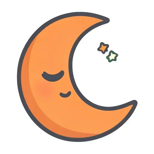 Orange crescent moon with a sleepy smiling face and two small stars