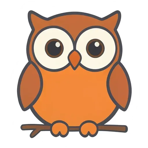 Round orange cartoon owl with big amber eyes sitting on a short branch