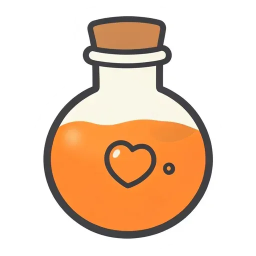 Round glass potion bottle with a cork and orange liquid with a heart bubble