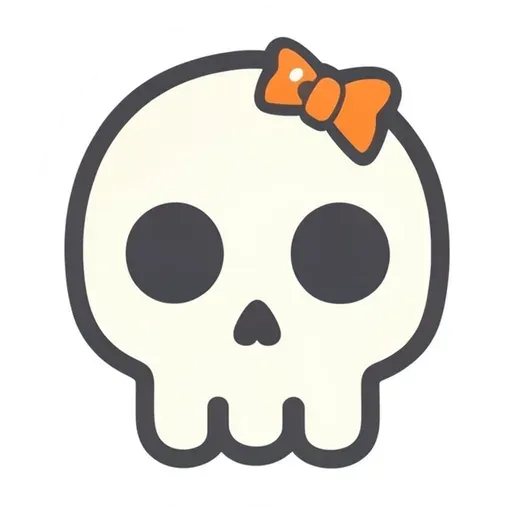 Cream cartoon skull with round dark eye holes and a small orange bow