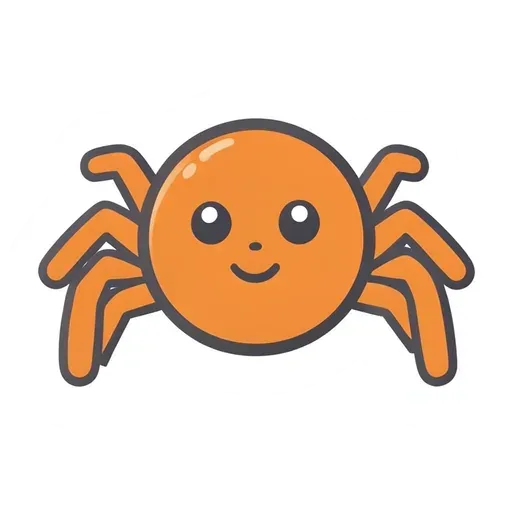 Round orange cartoon spider with eight bent legs, big eyes and a smile