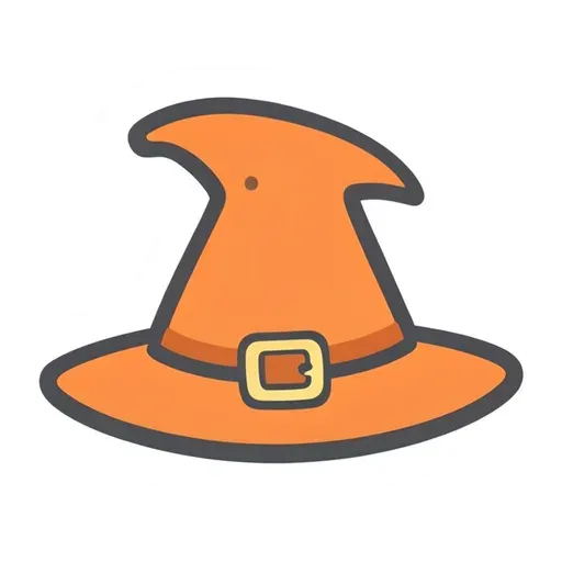 Orange cartoon witch hat with a bent tip, dark band and gold buckle