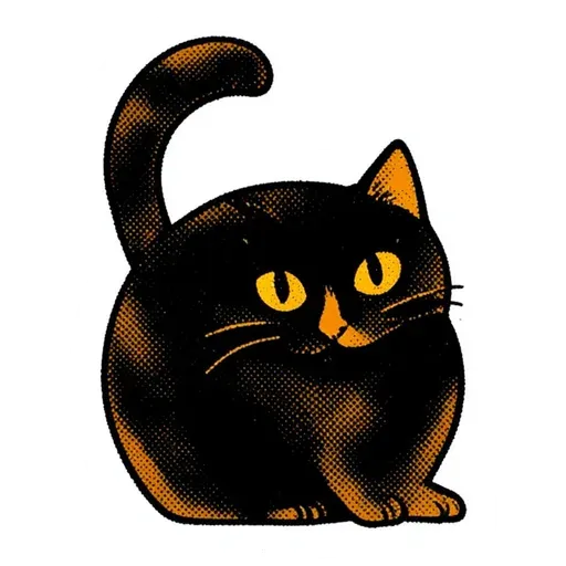 Retro halftone black cat with yellow eyes and a raised curled tail