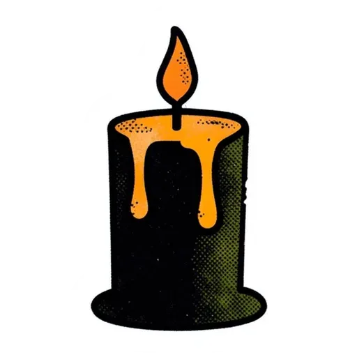 Retro black candle with orange wax drips and a small lit flame
