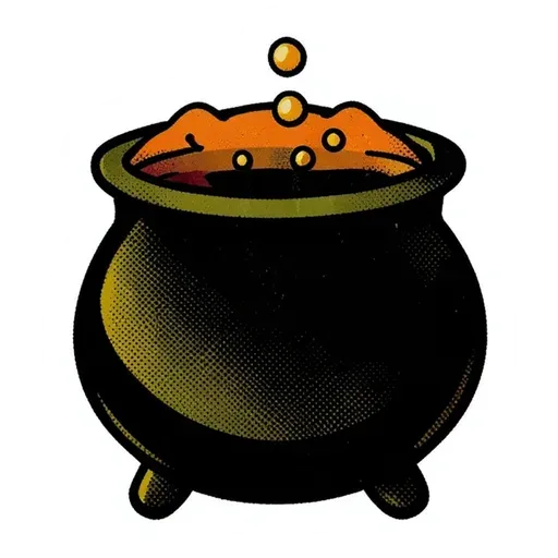 Retro black cauldron on three legs with orange potion and rising bubbles