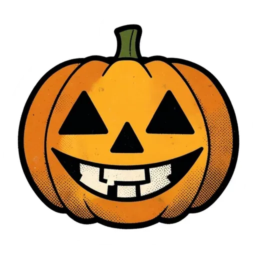 Retro orange jack-o'-lantern with black triangle eyes and a wide toothy grin