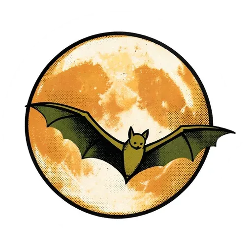Retro olive bat flying in front of a big orange full moon