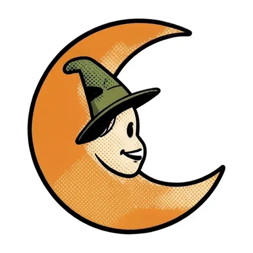 Retro orange crescent moon with a smiling face wearing a green witch hat