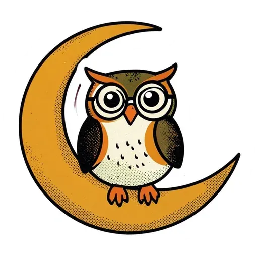 Retro owl with round glasses perched on an orange crescent moon