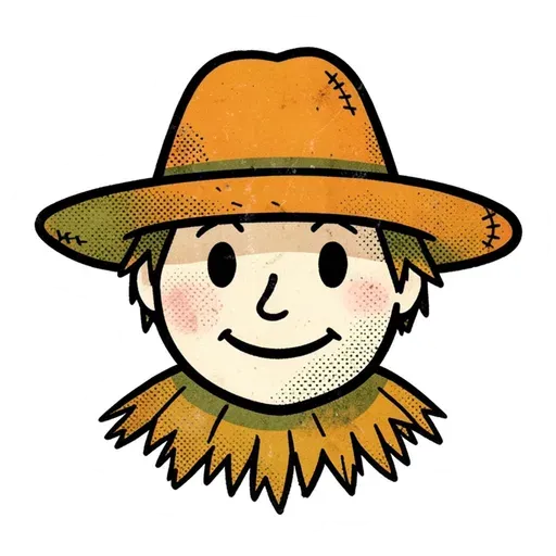 Retro scarecrow head with a smiling face, straw hat and straw collar