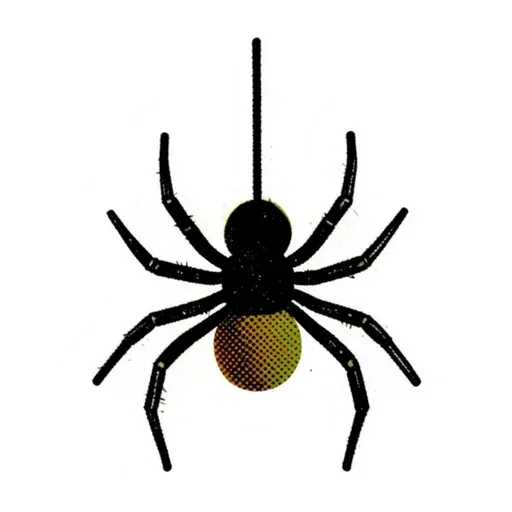 Retro black spider with eight long legs hanging from a short thread