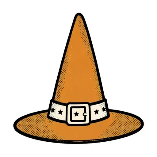 Retro orange witch hat with a cream band, buckle and small black stars