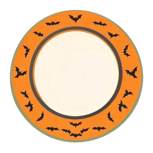 Round orange badge with tiny black bats around the edge and a blank cream center