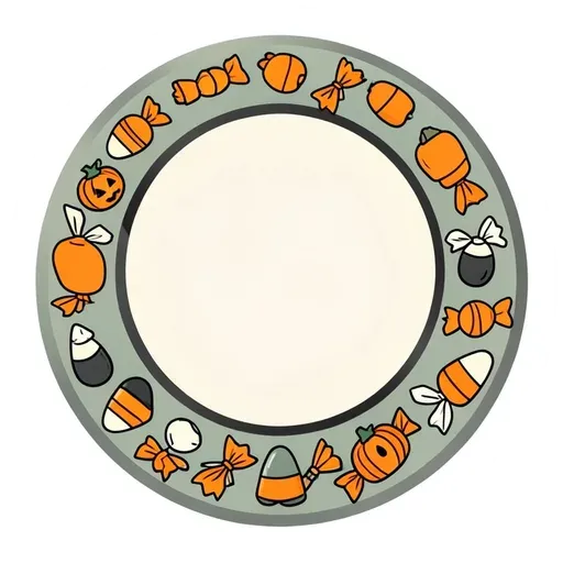 Round sage badge with candy corn and wrapped candies around a blank cream center
