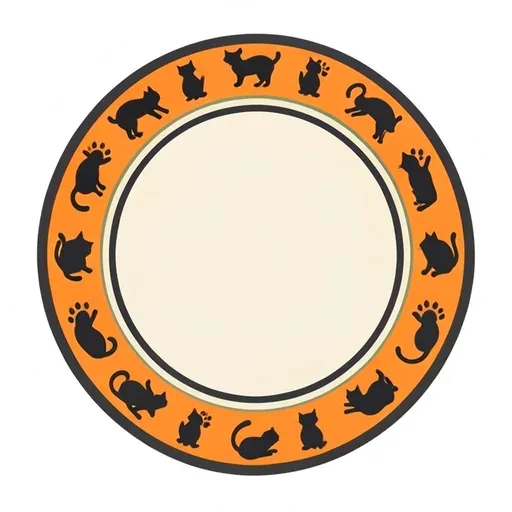 Round orange badge with black cat silhouettes and paw prints around a blank center