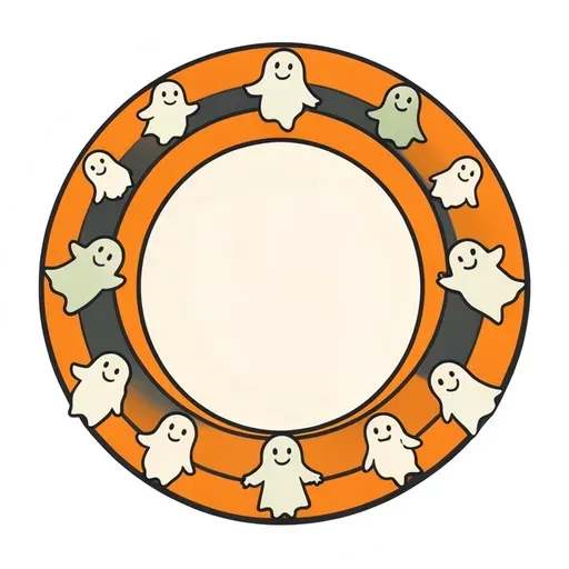 Round orange badge with little white ghosts holding hands around a blank cream center