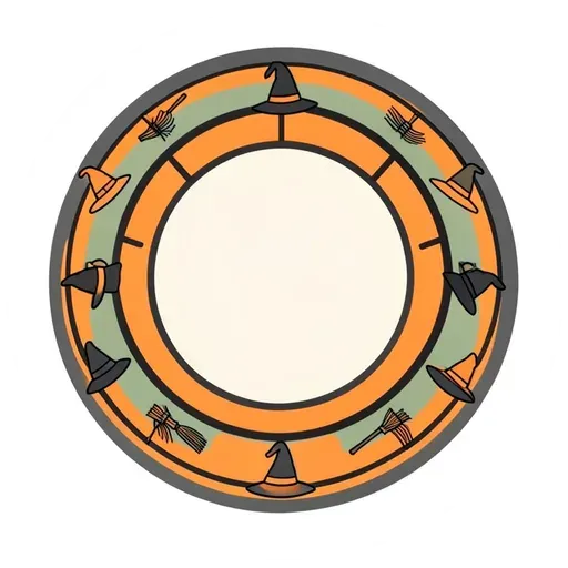Round orange and sage badge with witch hats and brooms around a blank cream center