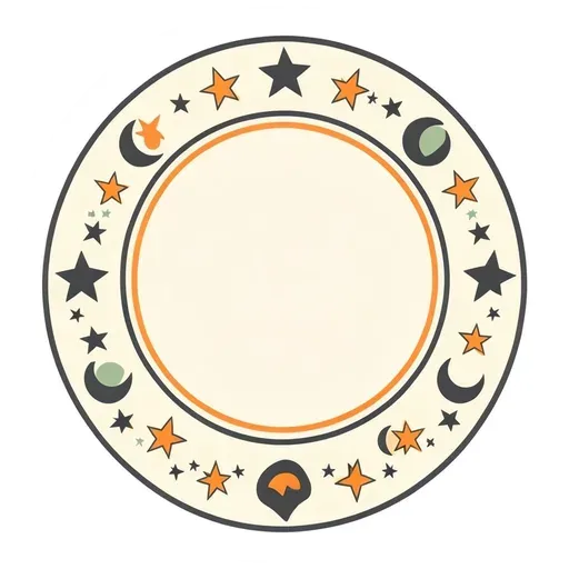 Round cream badge with stars and crescent moons around the edge, blank center