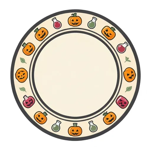 Round cream badge with tiny potion bottles and jack-o'-lanterns around a blank center