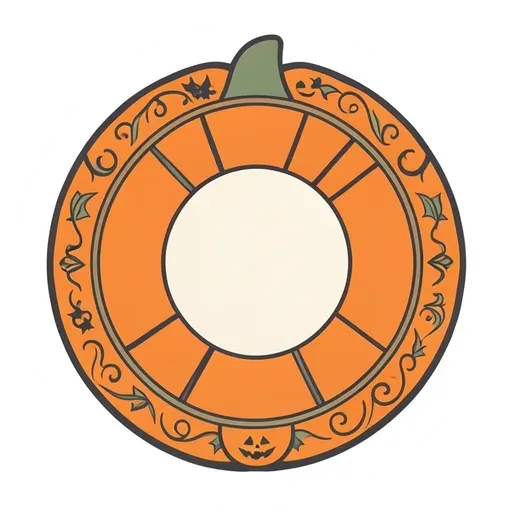 Round orange pumpkin badge with ribbed segments, a green stem and a blank cream center