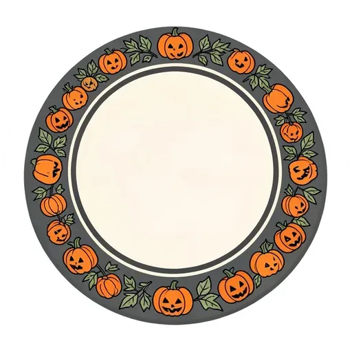 Round cream badge with a ring of small jack-o'-lanterns and leaves, blank center