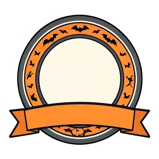 Round orange badge with small bats, a blank cream center and a blank orange ribbon
