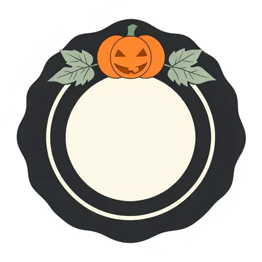 Scalloped black badge with a jack-o'-lantern and two leaves on top, blank cream center