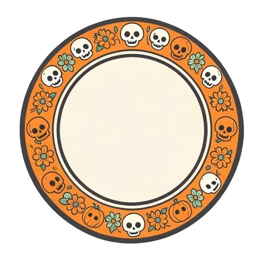Round orange badge with tiny skulls and flowers around a blank cream center