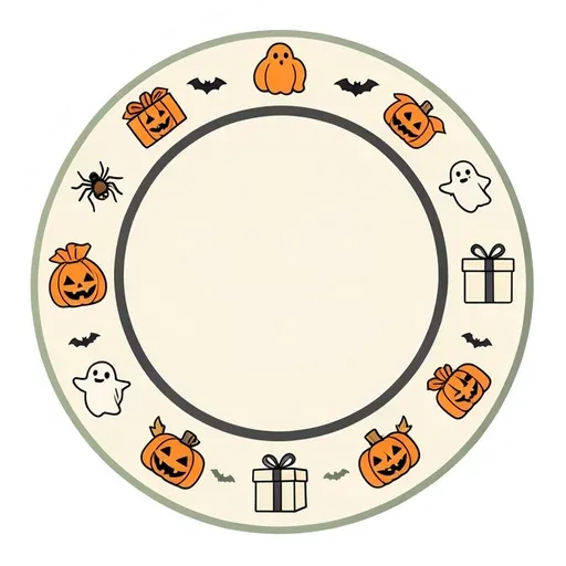 Round cream badge with treat bags, gift boxes, ghosts and pumpkins around a blank center