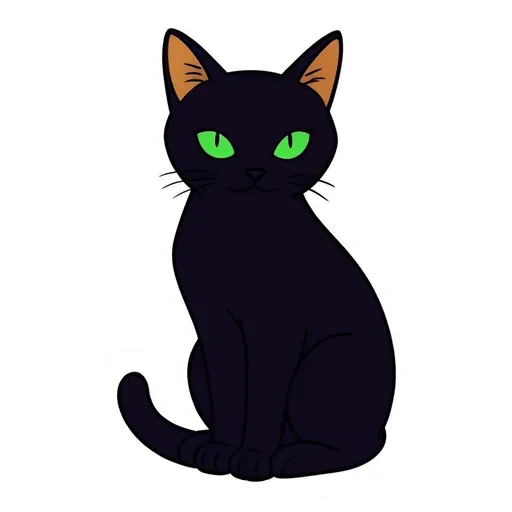 Sitting black cat with glowing green eyes and orange inner ears