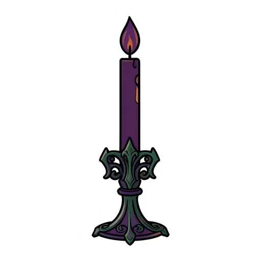 Tall purple candle with a purple flame in a gothic green iron holder