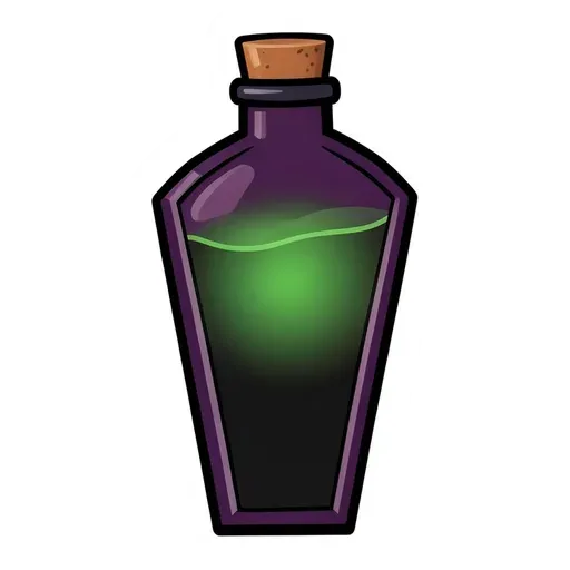 Coffin-shaped purple potion bottle with glowing green liquid and a cork