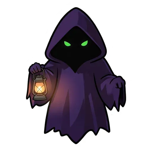 Purple hooded ghost with glowing green eyes holding a small lit lantern