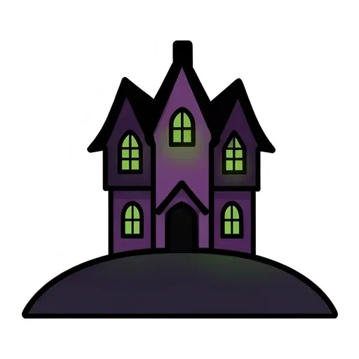 Purple haunted house with glowing green windows on a small dark hill
