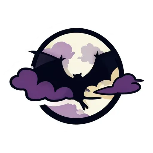 Pale full moon with purple clouds and a black bat flying across