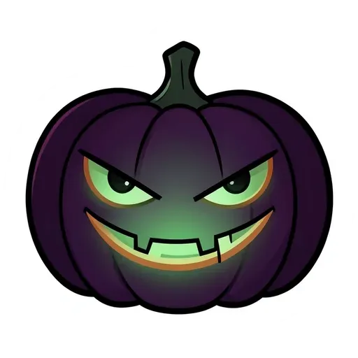 Dark purple carved pumpkin with a sly grin and green glow inside