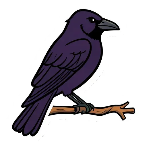 Dark purple raven with folded wings perched on a short twisted branch